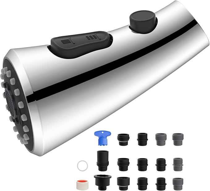 Hibbent Curved Pull Down Kitchen Faucet Head Replacement, 3-Function Kitchen Sink Spray Nozzle with 14 Adapters, Anti-Splash, Compatible with Kohler Bent Faucets, Chrome