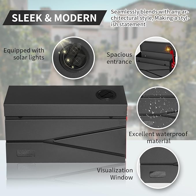 Wall Mount Mailbox, Large Capacity Mailbox for House, with Flag, Visibility Galvanized Steel Rust-Proof Metal Post Drop Box, Mailboxes for Outside, 15.74"×9.84"×4.33" Solar Lanterns Black