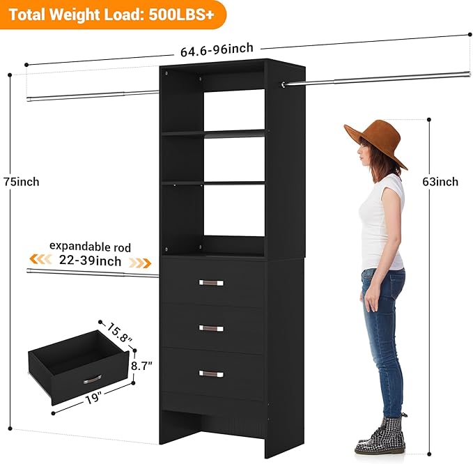 Homieasy 96 Inches Closet Organizer System, 8FT Customizable Walk In Closet Organizer with Hanging Rods, 3 Drawers Garment Rack with Leather Handle , 96" L x 16" W x 75" H, Max Load 1000 LBS, Black