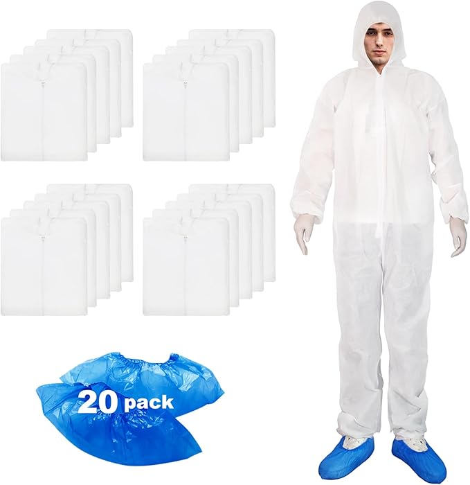 ETERNA Hazmat Suits- 20 Pack Disposable Protective Coveralls with Hood, Zipper, Elastic Wrists, Shoe Covers for Men & Women, Shield from Dirt, Dust, Paint (White, XXX-Large)