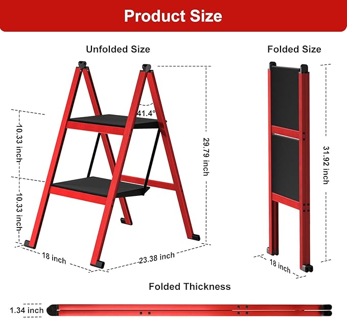 2 Step Ladder,Aluminum Ultra Thin Folding Step Stool,400 Lbs Capacity Heavy Duty with Anti-Slip Sturdy and Wide Steps,Closet Slim Step for Home,Kitchen and Office,Space Saving (Red, 2-Step)