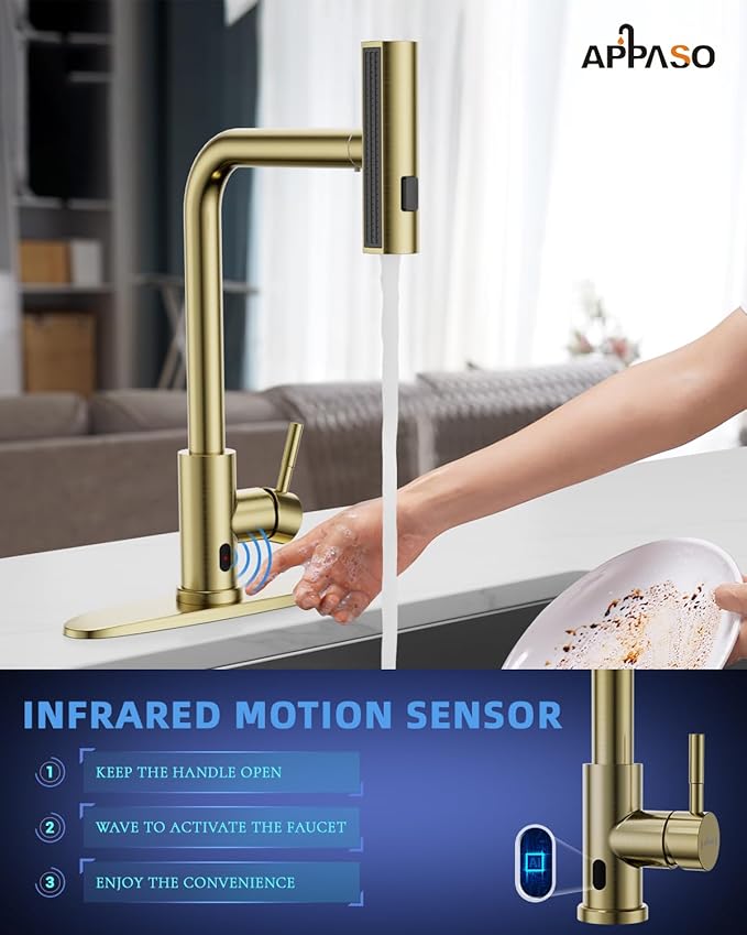 APPASO Gold Touchless Kitchen Faucet with Pull Down Sprayer, Waterfall Motion Sensor Kitchen Sink Faucet with SUS304 Stainless Steel Single Handle Hands-Free Brushed Gold