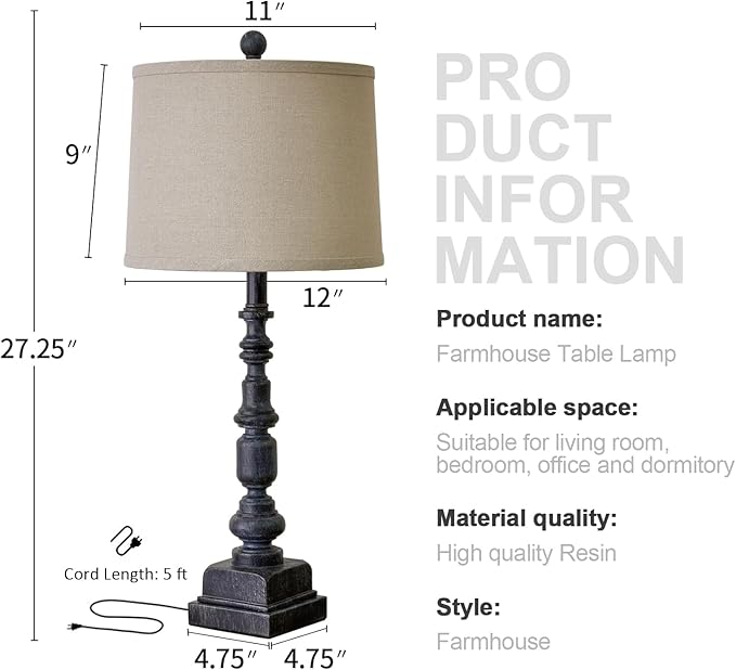 Oneach 27.75” Vintage Farmhouse USB A+C Table Lamps Set of 2 for Living Room Bedroom Traditional Bedside Nightstand Lamp Retro Resin Lamps Linen Shade Nightstand Home Office Antique Black Accent