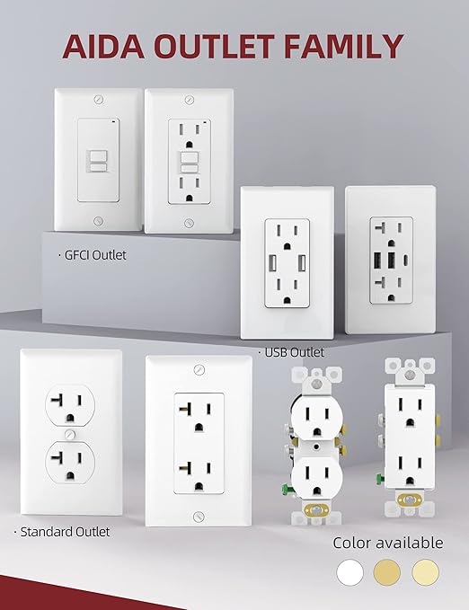 AIDA 20 Amp Outlet Duplex Electrical Receptacle Outlets,Power Outlet,Tamper Resistant,Heavy-Duty Receptacle Wall Outlet,Residential,2Pole,3-Wire, Self-Grounding Clip, NEMA 5-20R,UL Listed 10 Pack