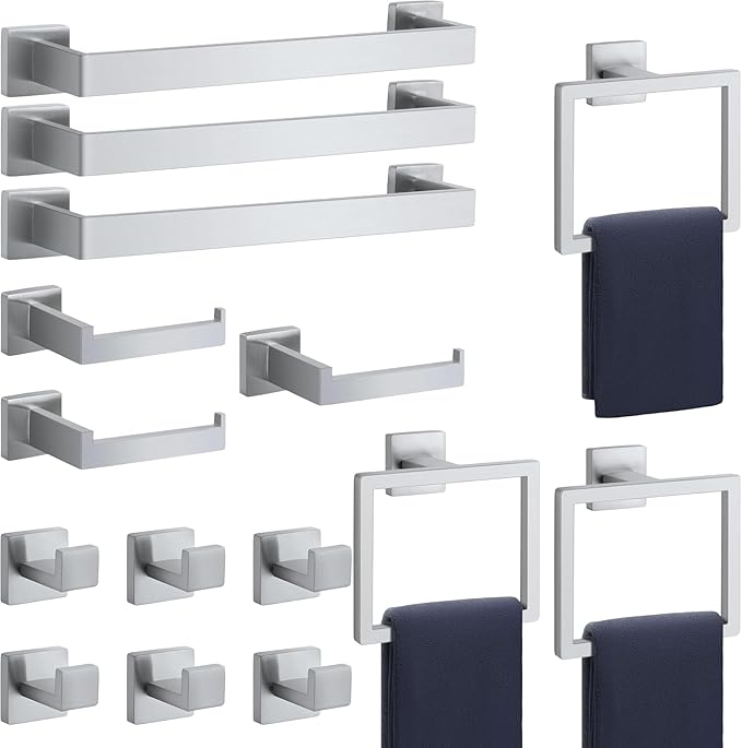 Bathroom Accessories Towel Bar Set: 15 Pieces Brushed Nickel Square Bathroom Hardware SUS304 Stainless Steel - Wall Mounted Towel Rack&Toilet Paper Holder&Towel Ring and Towel Hook
