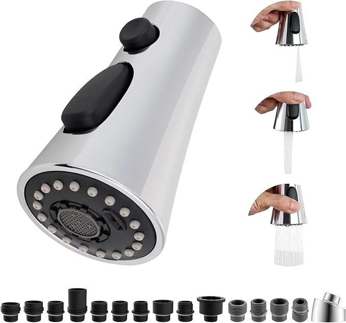 Hibbent Kitchen Sink Faucet Head Replacement, NSF/ANSI/CAN 61 & CUPC Certified, 3-Function Pull Down Sprayer Nozzle with 15 Adapters, Compatible with Delta, Kohler, Moen Faucets, Chrome (Silver)