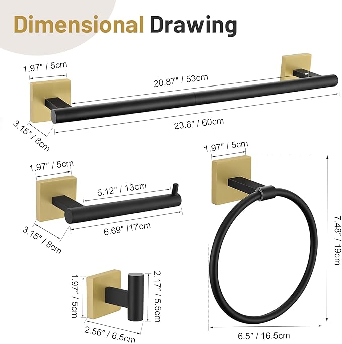 10 Pieces Black Gold Towel Bar Set, 23.6 Inch Bathroom Accessories Set SUS304 Stainless Steel Bathroom Hardware Set Towel Racks for Bathroom Wall Mounted.