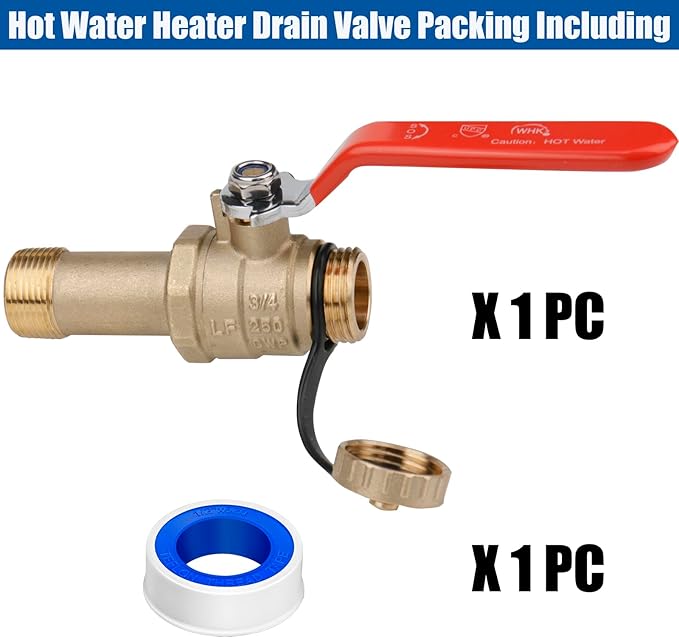 WHK Water Heater Drain Valve 3/4"MIP X 3/4" Male GHT Connection to drain or Flush Hot Water Heater Faster and Easy Big Full Port (Lead-Free Brass,2 Inch Shank with Long Handle,Straight)