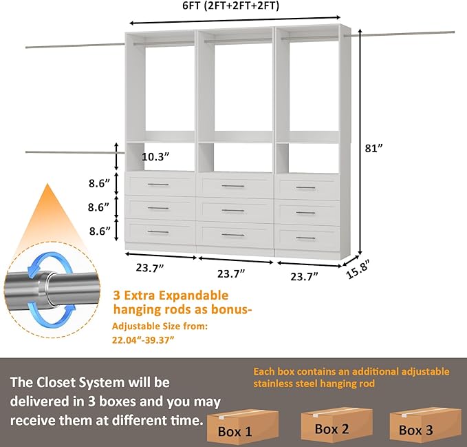 Closet System with 9 Drawers, Modular Closet Organizer System with 6 Hanging Rod, Custom Closet Storage System for Small Walk-in Closet, 3 Sets,White (6FT)