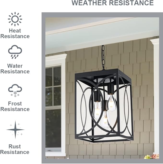 Outdoor Pendant Light Fixture, 3-Light Black Large Exterior Hanging Lantern with Clear Glass, Metal Outdoor Chandelier Porch Lighting for Front Porch Entrance