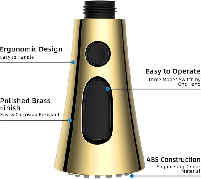 Hibbent 3-Function Pull Down Kitchen Faucet Head Replacement with 12 Adapters, NSF/ANSI/CAN 61 & CUPC Certified Sink Spray Nozzle, Compatible with Moen, Delta, Kohler Faucets, Polished Brass