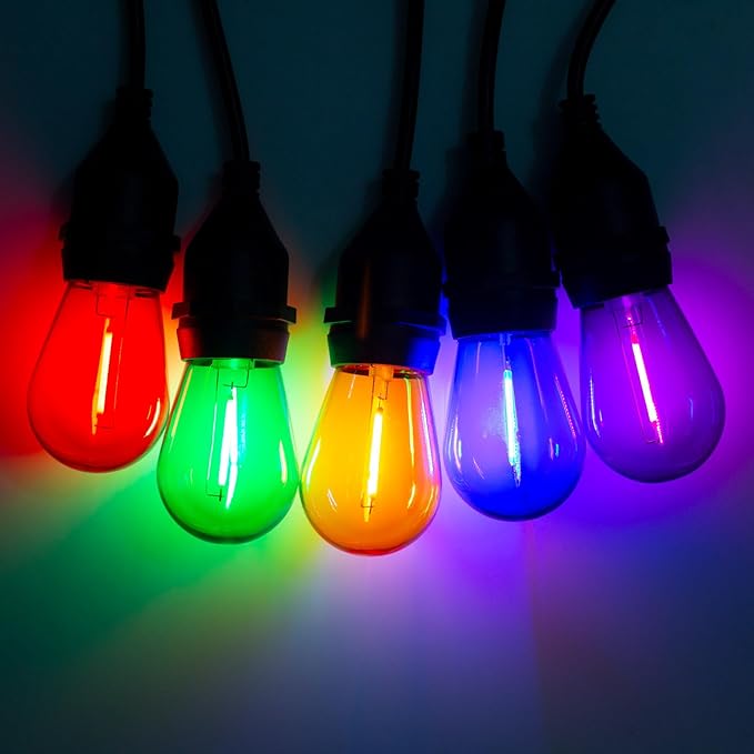 S14 Colored LED String Light Bulbs, 15 Pack 1 Watt Plastic Shatterproof LED Replacement Bulbs for Indoor Outdoor String Light, E26 Medium Base, Multi-Color: Red/Green/Blue/Purple/Orange