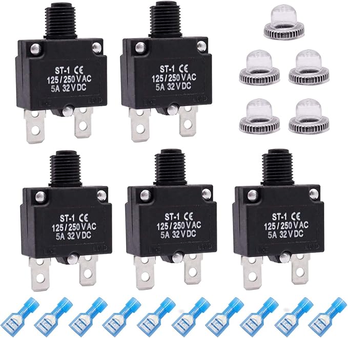 mxuteuk 5Pcs 5Amp Circuit Breakers Push Button Manual Reset 125/250V AC 32V DC,Overload Protector Switch Thermal Circuit Breakers with Quick Connect Terminals and Waterproof Button Caps ST1-5-5A