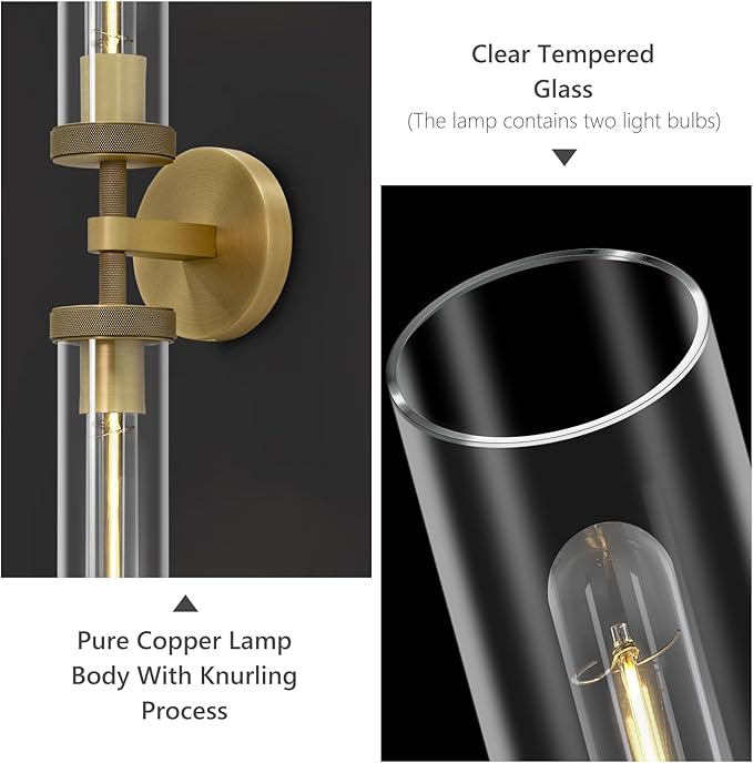 Brass Hardwired Wall Sconces, 30" Bathroom Wall Sconce, Gold Wall Sconce Double Lights , 30" Knurled Linear Wall Light, Sconces Wall Lighting Glass, Vanity Light for Bathroom, Living Room, Bedroom