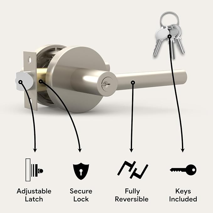 Mega Handles Ronn Entrance Entry Lever Door Handle Heavy Duty Round Locking Lever Set for Left or Right-Handed Doors, Interior/Exterior Door Levers - Satin Nickel