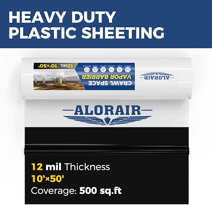 ALORAIR Crawl Space Vapor Barrier 12 mil 10'x50', Drop Cloth Vapor Barrier Covering for Crawlspace Encapsulation Moisture Control, Thick Plastic Sheeting Heavy Duty, Black and White Panda Film