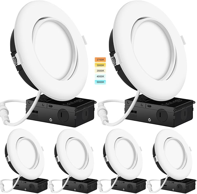 6 Inch Led Recessed Lights 6 Pack,Ajustable Led Eyeball Gimbal Light with Junction Box,5CCT Selectable,15W 1250LM,Dimmable