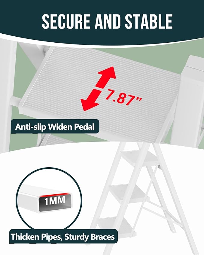 WOA WOA Step Ladder, Widen Pedals Folding Step Stool with Anti-Slip Foot, Portable Lightweight Aluminum Ladder, Household Stepladder for Kitchen, Fold Thin & Space Save, 300 lbs Load (3 Step, White)