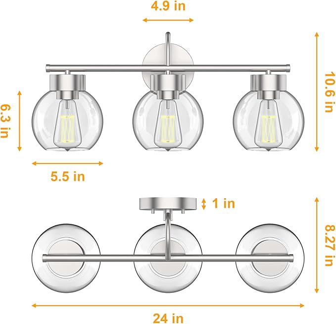 EAPUDUN 3 Light Bathroom Vanity Light, Brushed Nickel Bathroom Light Fixtures with Clear Glass Shade Wall Sconce, Porch Wall Lamp for Mirror, WLA1435-BNK