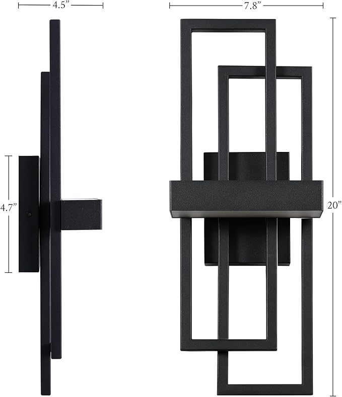 LamQee 2 Pack 20" Modern Outdoor Wall Light, Integrated LED 1000LM Exterior Lighting Fixture Rectangle Outdoor Sconce, Matte Black Metal Wall Mount Porch Light Outside Lamp for House Garage Door Patio