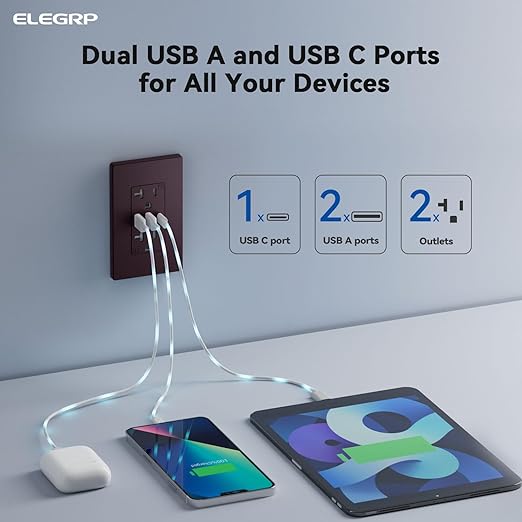 ELEGRP USB Outlets Receptacles, 3-Port Wall Outlet, 30W 6.0A Electrical Outlet, 15 Amp Tamper-Resistant Outlet with Type C Ports, UL Listed, Wall Plate Included, 10 Pack, Matte Brown