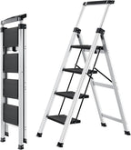 XinSunho 4 Step Ladder, Aluminum Folding Stool with Retractable Handrails & Tool Tray, Anti-Slip, Sturdy Lightweight, 330lbs Safety for Kitchen Indoor Outdoor