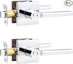 Probrico Polished Chrome Privacy Door Handle Lockset Heavy Duty Square Interior Door Lever for Bedroom or Bathroom Reversible Keyless Handleset Door Knob Slim Handed Levers, 2 Pack