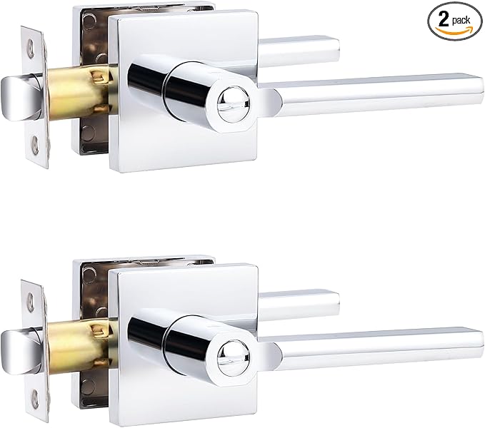 Probrico Polished Chrome Privacy Door Handle Lockset Heavy Duty Square Interior Door Lever for Bedroom or Bathroom Reversible Keyless Handleset Door Knob Slim Handed Levers, 2 Pack