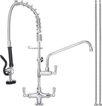 27" Height Commercial Sink Faucet Deck Mount with Pre-Rinse Sprayer, Commercial Kitchen Faucet with 10" Add-on Swing Spout Faucet & Spring Pull Down Sprayer, 8" Adjustable Center Kitchen Faucet