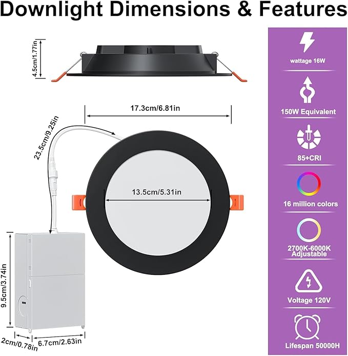 Black Smart Recessed Lighting 6 Inch RGBCW Color Changing 16W LED Downlight with Junction Box,1350 Lumen Recessed Ceiling Light Compatible with Alexa,Dimmable by Bluetooth Control -12Pack