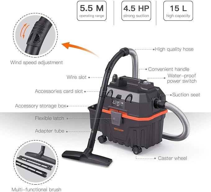 WECLEAN 4 Gallon 5.5 Peak HP Commercial Wet Dry Vacuum Cleaner Shop Vac for Outdoor Patio Wet & Dry Construction Shop Vac with Blower Gift for Father