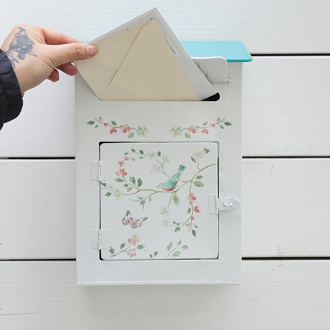 Mailbox Wall Mount Mailboxes for Outside Vintage Mail Boxes for House Outside Metal Drop Box Antique Style Nostalgic Charm Home Decorative, Flower Pattern, White