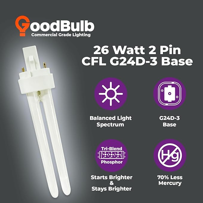 GoodBulb 26 Watt CFL Light Bulbs 2 Pin G24D-3 Base 6500K Full Spectrum 26W High Output 1800 Lumens Double Tube Compact Fluorescent Light Bulbs Plug-in 10 Pack
