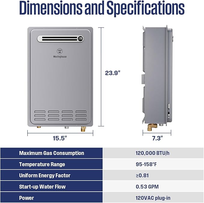 Westinghouse Natural Gas Tankless Water Heater Outdoor Installation Max 5.1 GPM 120,000 BTU, Temp Self Modulating Non Condensing High Efficiency Water Heater for House or Commercial, APOLO Performance