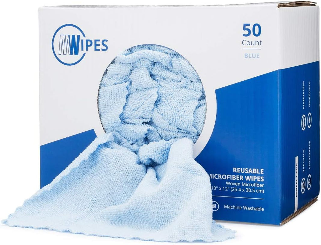 Microfiber Rags in A Box (50 Count) - Mwipes - 10" x 12" Reusable Wipes for Cleaning - Edgeless Terry Towels, Shop Rags, Wash, Dust, Disposable, House, Small Cleaning Cloths (Blue)