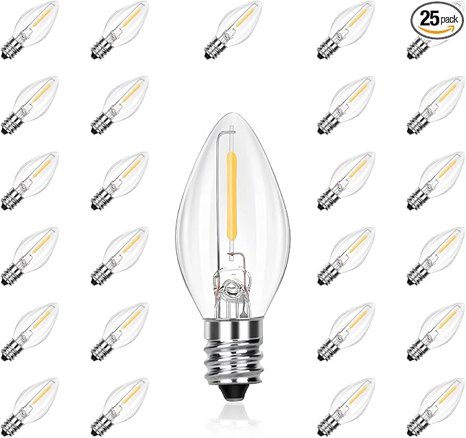 C7 Replacement Bulbs, 25 Pack Clear Warm White LED Christmas Light Bulbs, E12 Candelabra Base, Commercial Grade for Outdoor Halloween String Lights, Holiday Party Décor