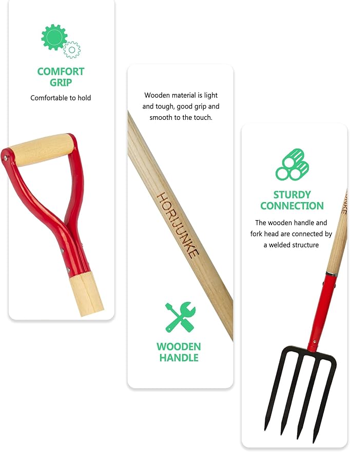 Heavy Duty Garden Fork for Digging, 4 Tines Pitch Fork for Gardening Compost, Garden Pitch Fork with Wooden Handle, 45 Inches-Red