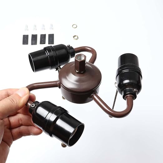 Bieye SC02 E26 Light Socket Cluster with Pull Chain Switch and Electrical Wiring Accessories (3-Light, Brown)