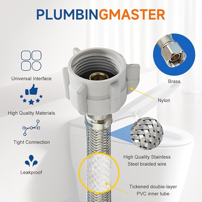 (12pcs 20 inch) PLUMBINGMASTER Toilet Water Supply Line,3/8" Comp x 7/8" BC Braided Stainless Steel Toilet Supply Line,Toilet Connector Hose with Anti-Leaking Brass Nut