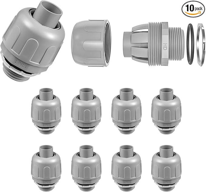 10-Pack 1/2 Inch Liquid Tight Connector NPT Non-Metallic PVC Electrical Flexible Conduit Fittings, UL Listed - 180 Degree Straight, Grey