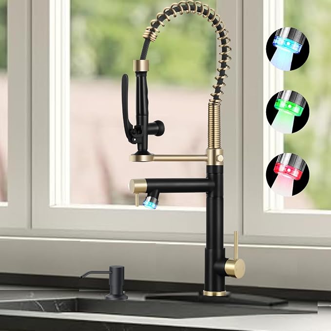 Smart Kitchen Faucet, 3 Modes Pull Down Sprayer, LED Temperature Control, Ceramic Valve,360-Degree Rotation,1 or 3 Hole Deck Plate, Double Spout. 10-Year Warranty. (KW-29RK, Gold/Black)