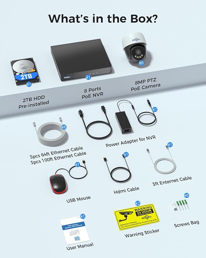 【4K HD+360°View】 Hiseeu 4K PoE Security Camera System, 6 Pcs 8MP PTZ Wired Security Camera Outdoor&Indoor, Auto Human Tracking, Free Remote Access, 2 Way Audio, Plug and Play, 2TB HDD for 7/24 Record