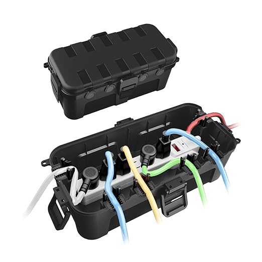 QUOBAS 2 Pack Outdoor Waterproof Electrical Box with 6 Cable Ports, IP54 Weatherproof Heavy-Duty Extension Cord Cover for Power Strips, Garden Power Tools, Holiday Lights, Black