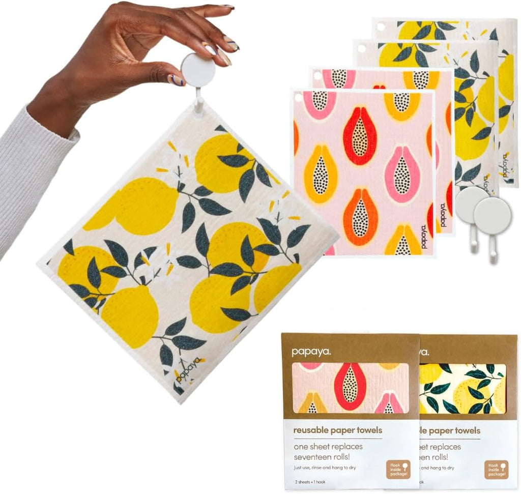 Papaya Reusable Paper Towels, Premium Swedish Dishcloths, Washable Reusable Dish Cloths, 1 Sheet Replaces 17 Rolls, Eco Friendly Stocking Stuffer - 4 Sheets, 2 Hooks
