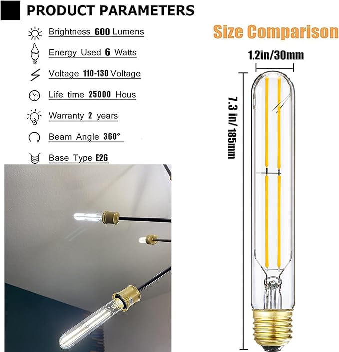 T10 LED Bulb E26 60 Watt Dimmable 7.3 INCH Tubular Long Light Bulbs, 5000K Cool White Tube Light Bulb for Candelabra, Wall Scones, Chandelier and Ceiling Fan, 120V 600Lumens 6 Pack