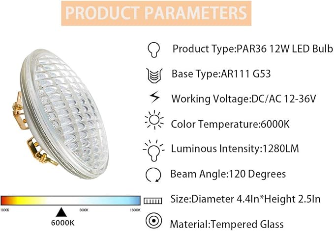 PAR36 LED Landscape Bulb 12V 12W 1280LM 100W Halogen Landscape Bulbs 6000K AC/DC 12-36V, Water Resistant, PAR36 LED 12V Flood Light Tractor Light, 6 Pack