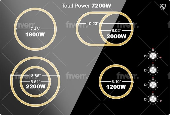 K&H 4 Burner 30 Inch Built-in Electric Stove Top Radiant Ceramic Cooktop Knob Control 240V 7200W CE30-7206K