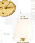 Emak 2-Light Bathroom Vanity Light, Brushed Gold Bathroom Light Fixtures Over Mirror with Flared White Fabric Shade, Modern Wall Sconce for Bath, Mirror, Hallway, VL132-BGD-WF-2