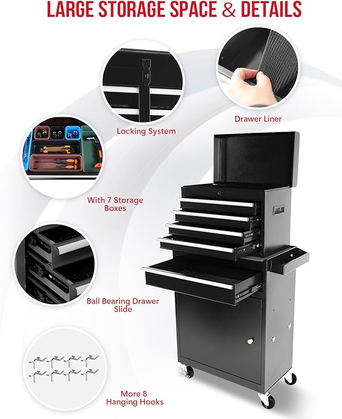 2 in 1 Tool Chest with 5 Drawers, Tool Cart with 7 Organizer Tray Divider Set & Wheels, Large Rolling Tool Box Organizer for Garage, Workshop, Home Crafts