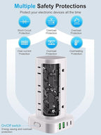 Power Strip Tower with Wireless Charger, Flat Plug Surge Protector Tower with 15FT Extension Cord, 12 AC Multiple Outlets, 4 USB (2 USB C),15W Wireless Charging Power Tower for Home Office Dorm,White